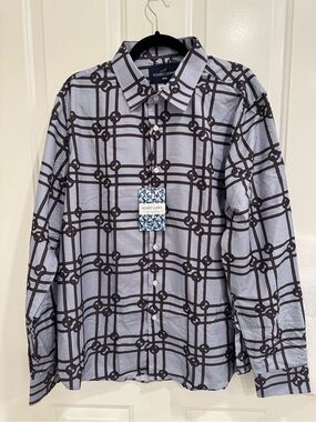 Azaro Uomo Light Gray  Button-Down Shirt with Brown Grid Print